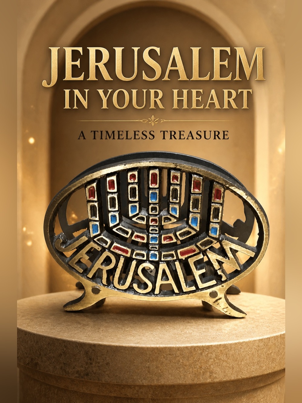 Vintage Jerusalem Israel Solid Brass Colorful Napkin / Letter Holder Judaical